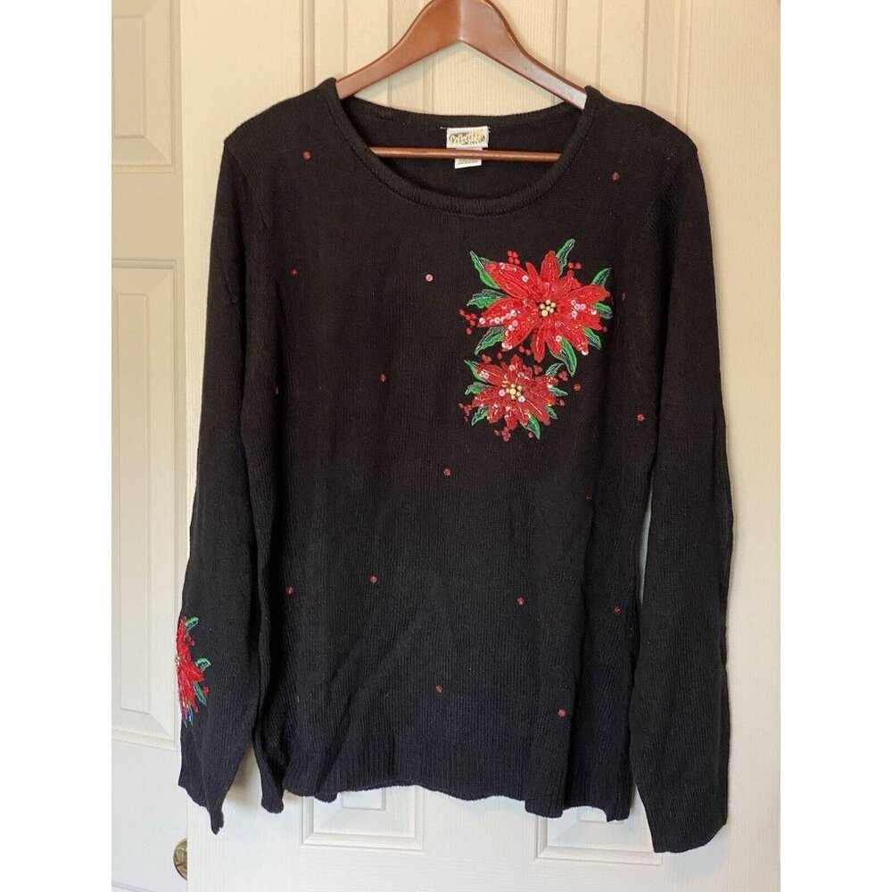Collections Etc Black Holiday Christmas Ugly Sweater Women's L Floral Poinsettia - Picture 3 of 7
